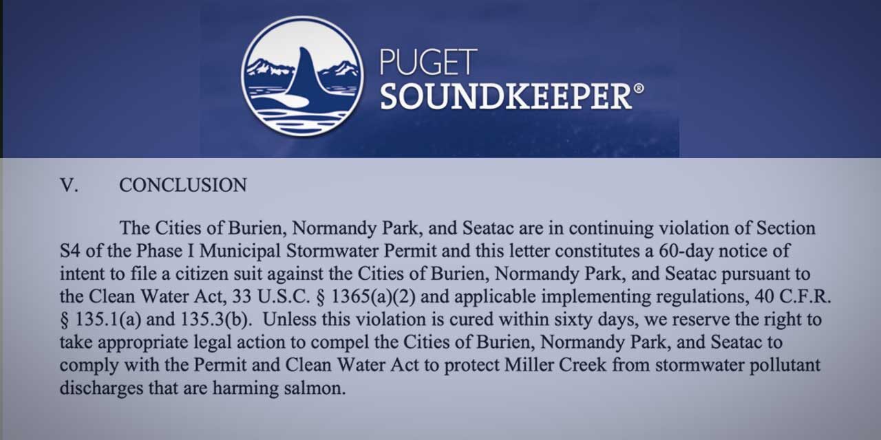 Puget Soundkeeper announces intent to sue City of SeaTac, others over stormwater discharges
