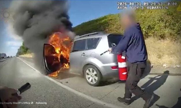 VIDEO: SeaTac Police sergeant’s quick response helps extinguish van fire on I-5