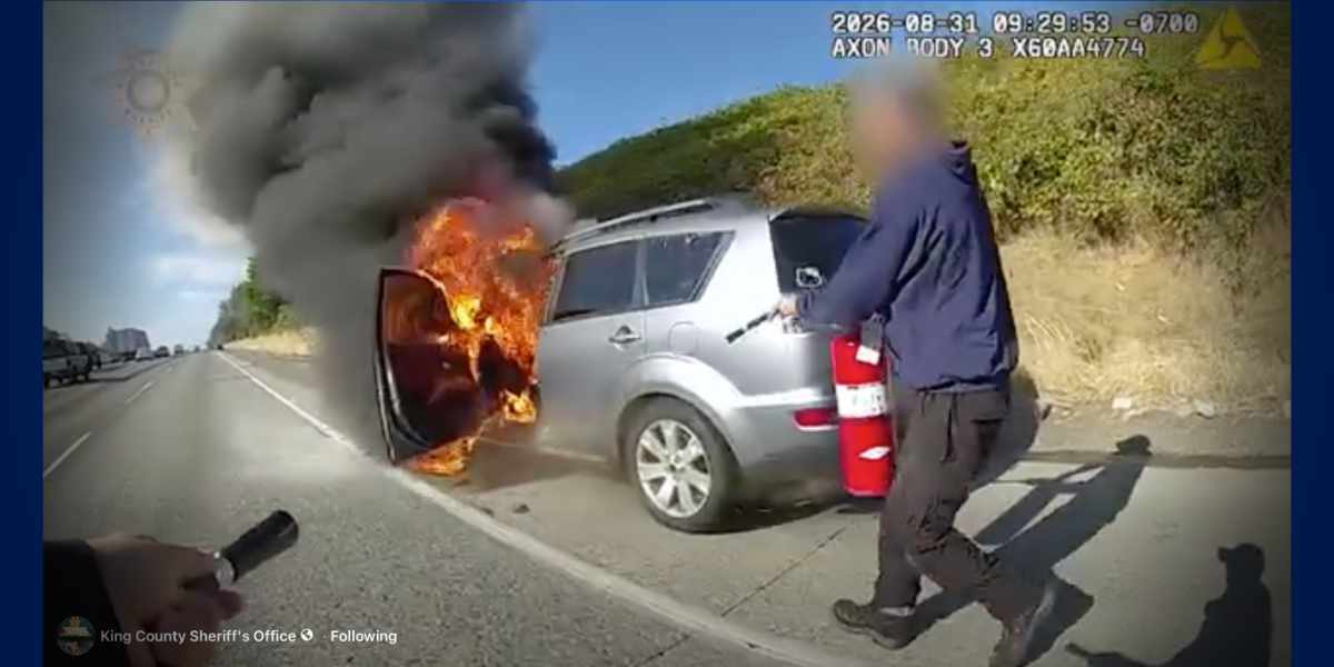 VIDEO: SeaTac Police sergeant’s quick response helps extinguish van fire on I-5